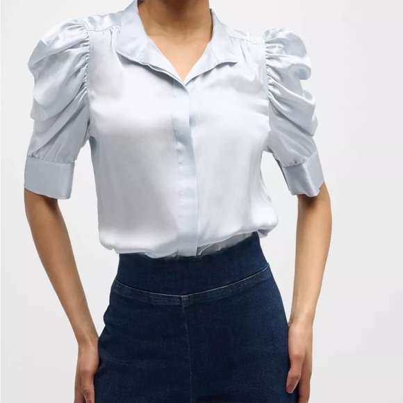 Frame Denim Gillian light Blue Puff Sleeve Blouse with Notched Collar - Picture 1 of 6